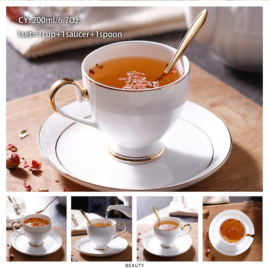 Premium Royal Classic Bone China Teacup Set With Saucer Spoon Luxury Regal Classic Retro Vintage Tea Cups For Kitchen Teaware Drinkware 200ml