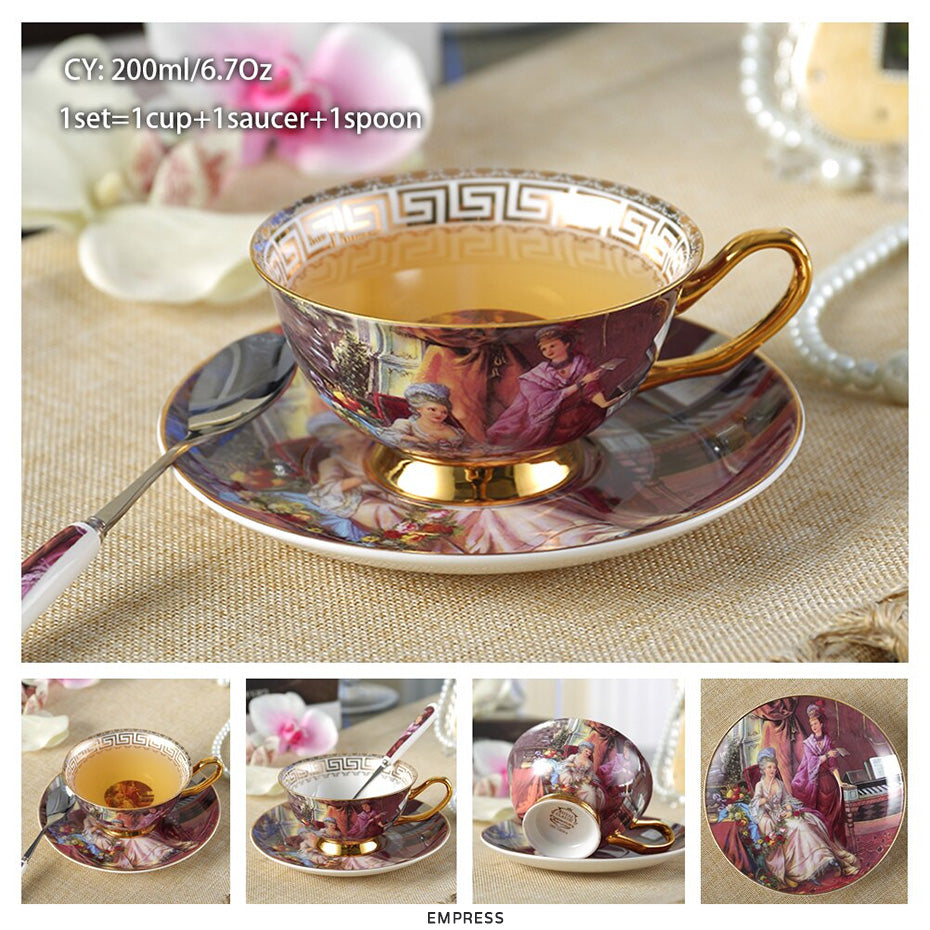 Premium Royal Classic Bone China Teacup Set With Saucer Spoon Luxury Regal Classic Retro Vintage Tea Cups For Kitchen Teaware Drinkware 200ml