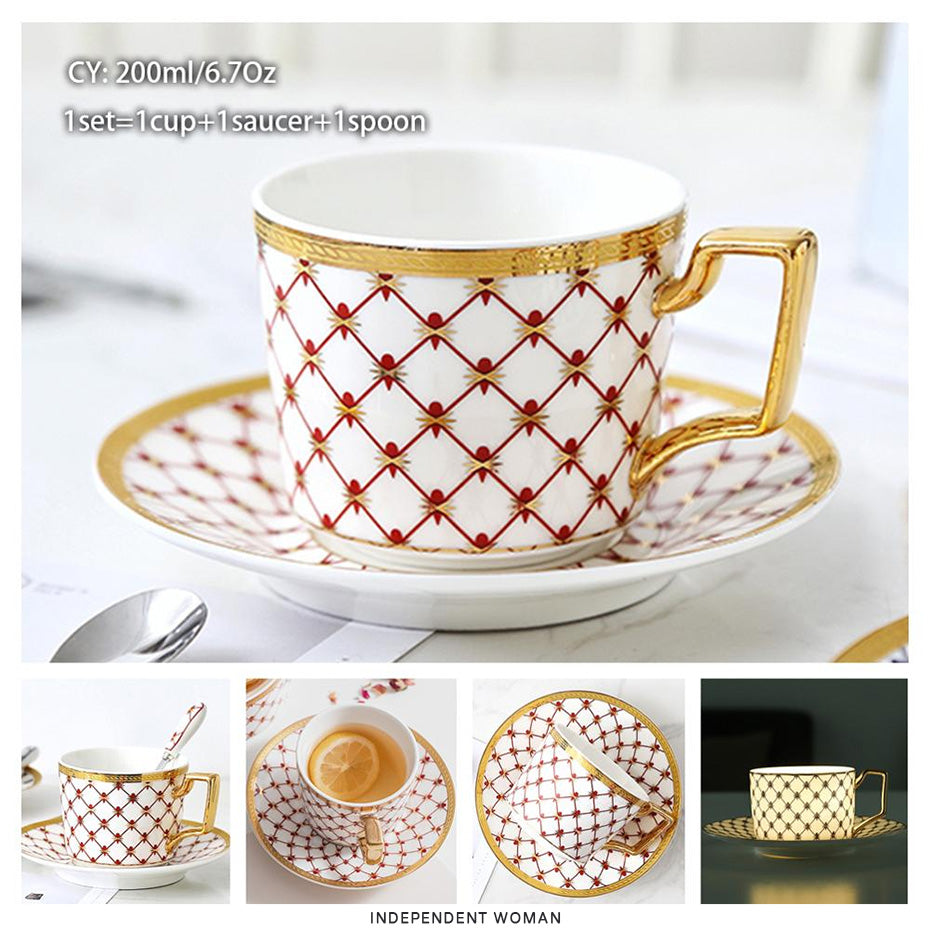 Premium Royal Classic Bone China Teacup Set With Saucer Spoon Luxury Regal Classic Retro Vintage Tea Cups For Kitchen Teaware Drinkware 200ml