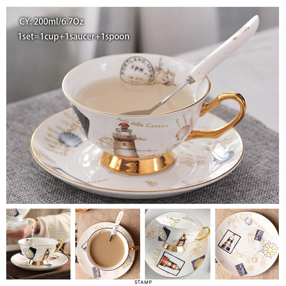 Premium Royal Classic Bone China Teacup Set With Saucer Spoon Luxury Regal Classic Retro Vintage Tea Cups For Kitchen Teaware Drinkware 200ml