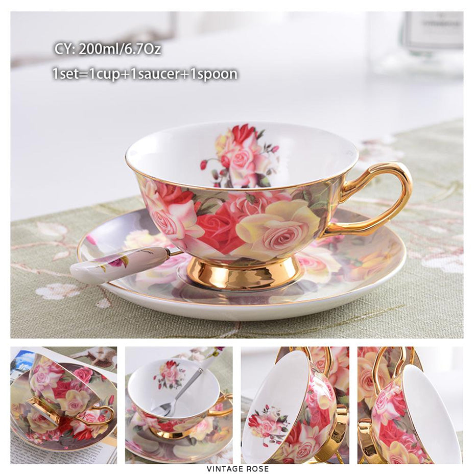 Premium Royal Classic Bone China Teacup Set With Saucer Spoon Luxury Regal Classic Retro Vintage Tea Cups For Kitchen Teaware Drinkware 200ml