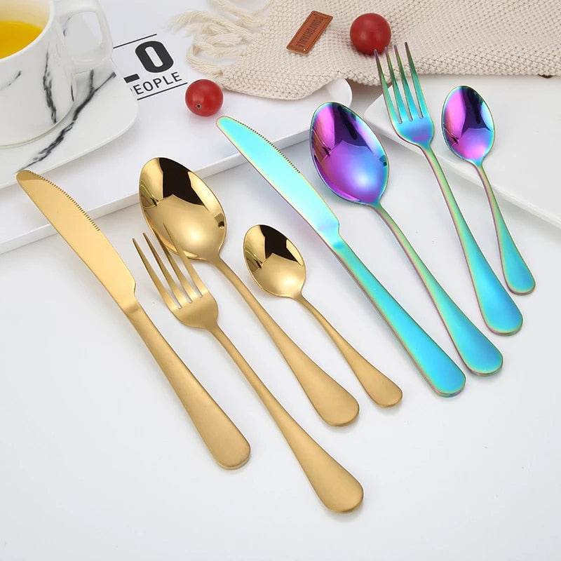 Rainbow Colored Cutlery Stainless Steel Knife Fork Spoon Modern Dinnerware Golden Silver Rose Gold Flatware Essential Contemporary Kitchen Accessories