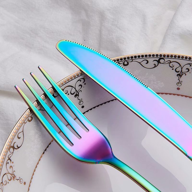 Rainbow Colored Cutlery Stainless Steel Knife Fork Spoon Modern Dinnerware Golden Silver Rose Gold Flatware Essential Contemporary Kitchen Accessories