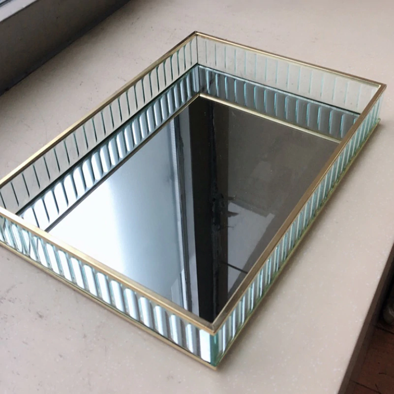Retro Decorative Glass Mirror Tray For Drinks Snacks Desserts Perfumes etc Mirrored Base With Black Silver Gold Metal Edges