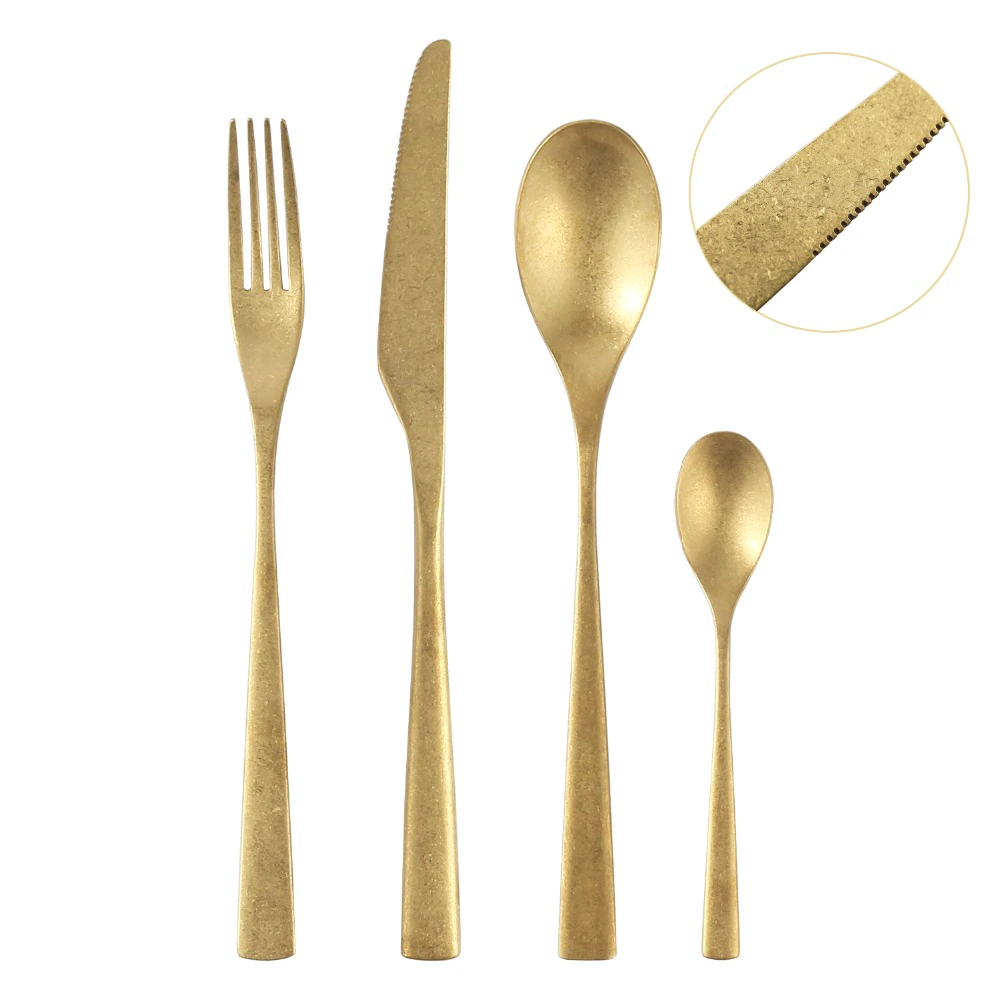 Retro Stainless Steel Cutlery Silver Gold Knife Fork Spoon Dinner Sets Old Fashioned Contemporary Modern Tableware Gold Flatware Restaurant Dinnerware 4Pcsset