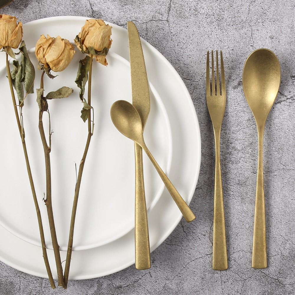 4pcs Relief Metal Cutlery Set, Gold Stainless Steel Flatware For Dining  Room