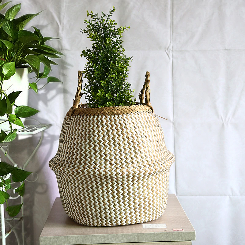 Rustic Rattan Sea Grass Flower Pots Storage Basket Natural Color Stylish Braided All Purpose Storage Bin Wicker Laundry Basket