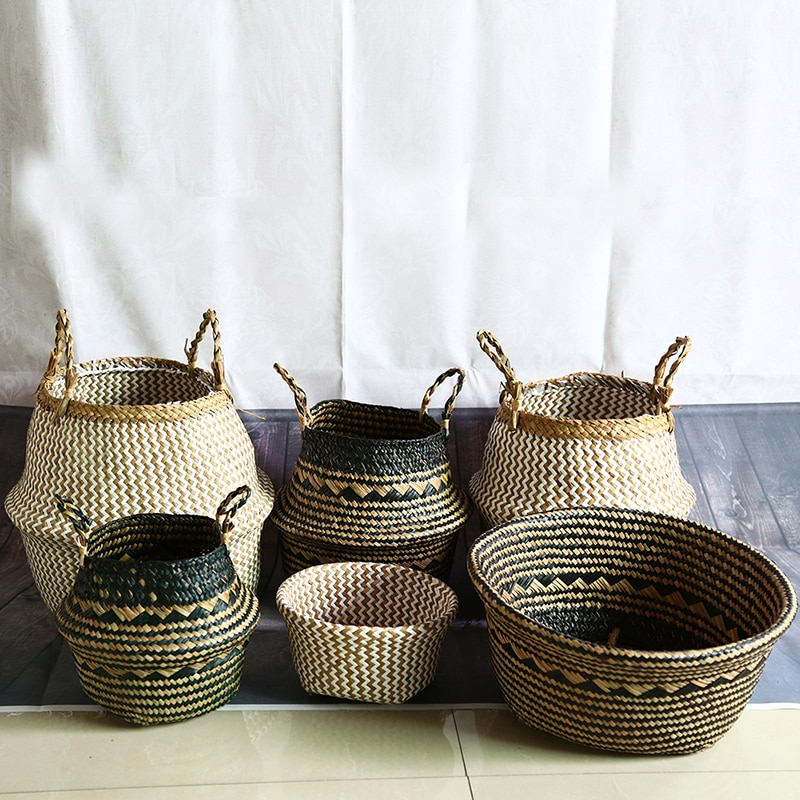 Rustic Rattan Sea Grass Flower Pots Storage Basket Natural Color Stylish Braided All Purpose Storage Bin Wicker Laundry Basket