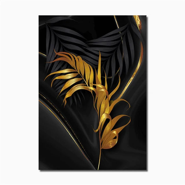 Modern Abstract Gold Green Black Leaf 3-Piece Canvas Painting: A Luxurious Tropical Accent