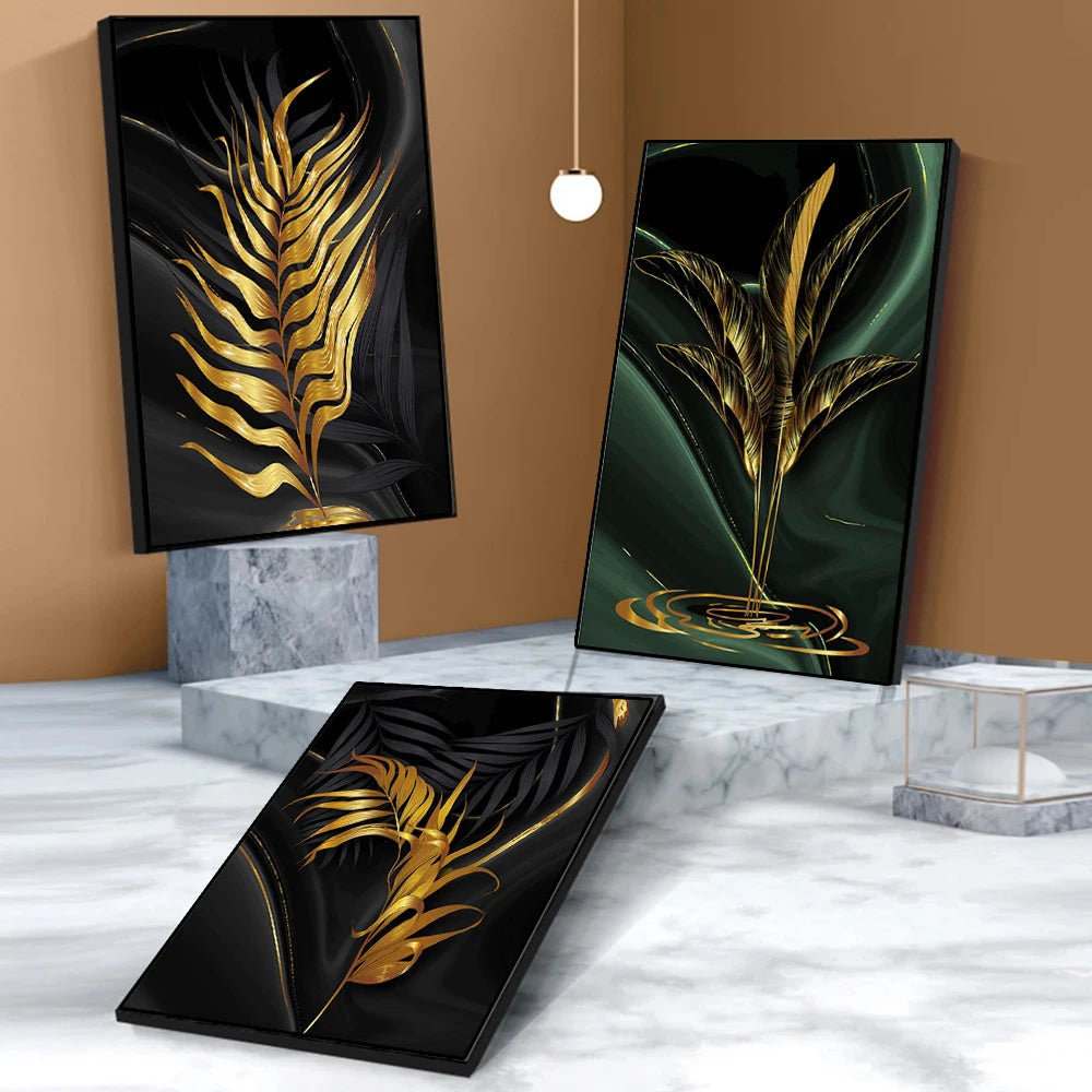 Modern Abstract Gold Green Black Leaf 3-Piece Canvas Painting: A Luxurious Tropical Accent