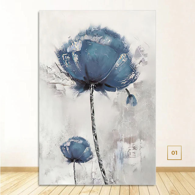 Scandinavian Blue Floral Wall Art Fine Art Feather Canvas Prints Subtle Colors Flower Pictures For Living Room Bedroom Nordic Home Interior Decor