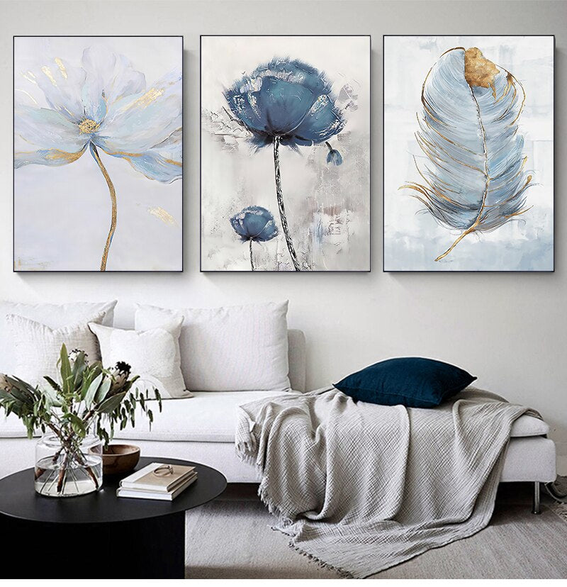 Scandinavian Blue Floral Wall Art Fine Art Feather Canvas Prints Subtle Colors Flower Pictures For Living Room Bedroom Nordic Home Interior Decor