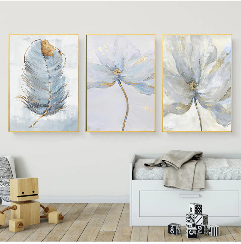 Scandinavian Blue Floral Wall Art Fine Art Feather Canvas Prints Subtle Colors Flower Pictures For Living Room Bedroom Nordic Home Interior Decor