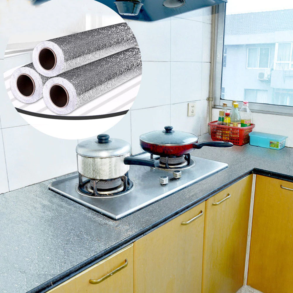 Self Adhesive Aluminum Foil Surface Covering For Kitchen Cabinets Draws Worktops Backsplash Wallpaper Stickers Wipe Clean Oil Proof Waterproof Wall Covering - 1 Roll  4 Sizes