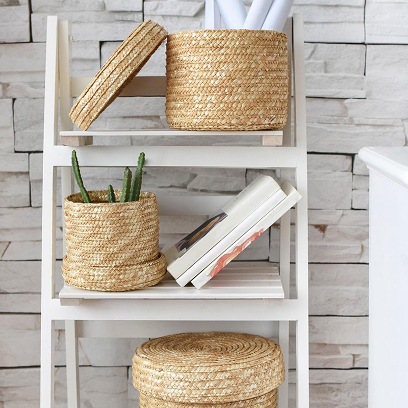 Set of 3 Woven Seagrass Storage Baskets With Lid Foldable Multiple Purpose Hand Woven Environmentally Friendly Laundry Baskets For Living Room Children's Room etc