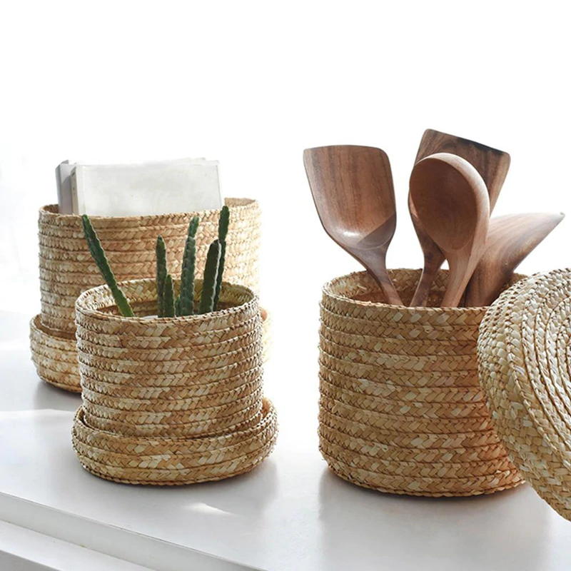 Set of 3 Woven Seagrass Storage Baskets With Lid Foldable Multiple Purpose Hand Woven Environmentally Friendly Laundry Baskets For Living Room Children's Room etc