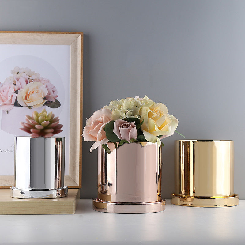 Shiny Rose Gold Silver And Golden Ceramic Plant Pots Minimalist Nordic Style Cactus Pots Orchid Flower Pots Desktop Table Ornaments. 