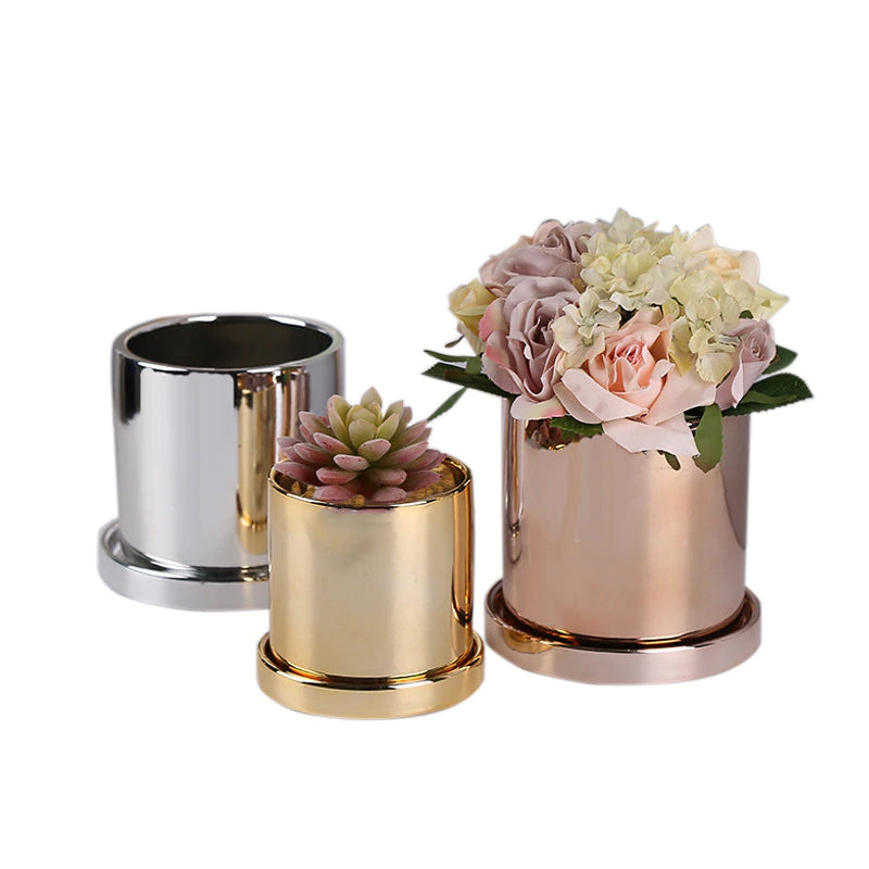 Shiny Rose Gold Silver And Golden Ceramic Plant Pots Minimalist Nordic Style Cactus Pots Orchid Flower Pots Desktop Table Ornaments. 