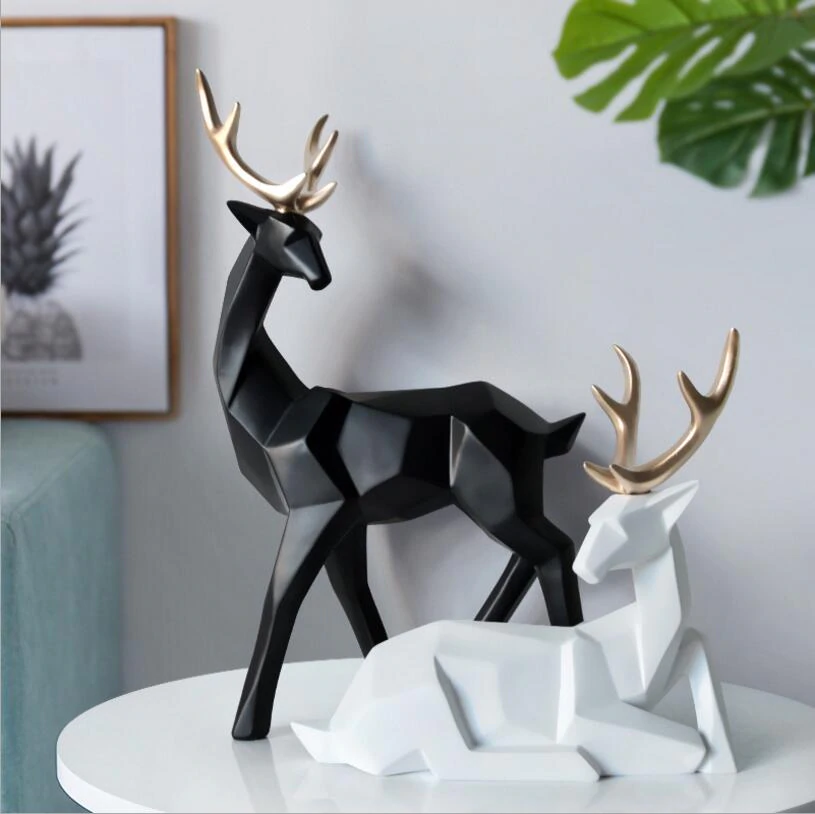 Solid Geometric Nordic Deer Statues Stylish Abstract Ornamental Resin Craft Modern Abstract Decorations For Home Living Room Office Decor