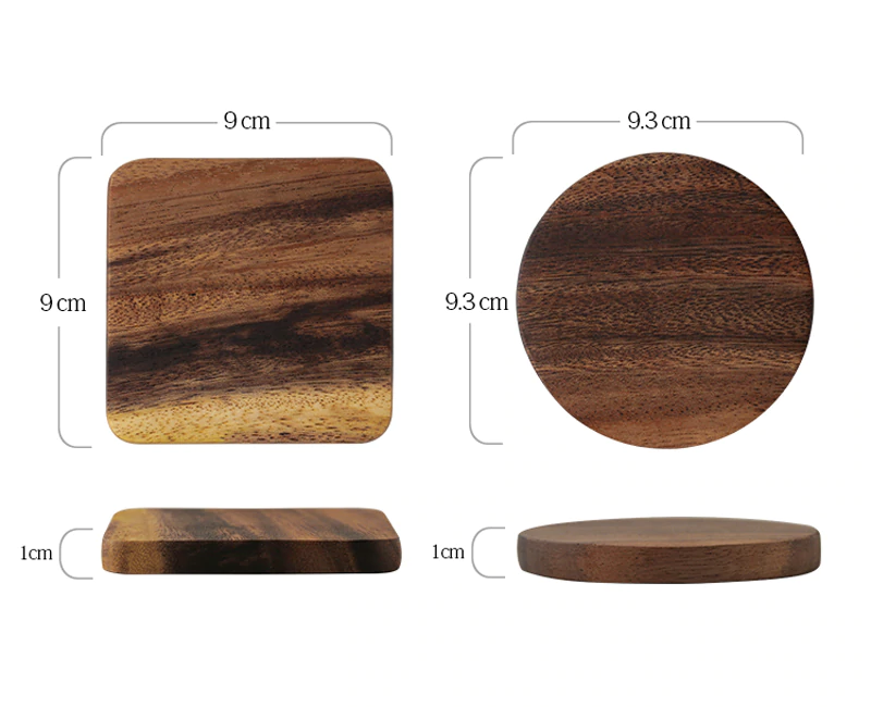 Solid Wood Coaster Natural Square Rounded Real Acacia Wood Drinks Mat For Coffee Mug Kitchen Cafe Tablewear Accessories Wooden Drink Coasters