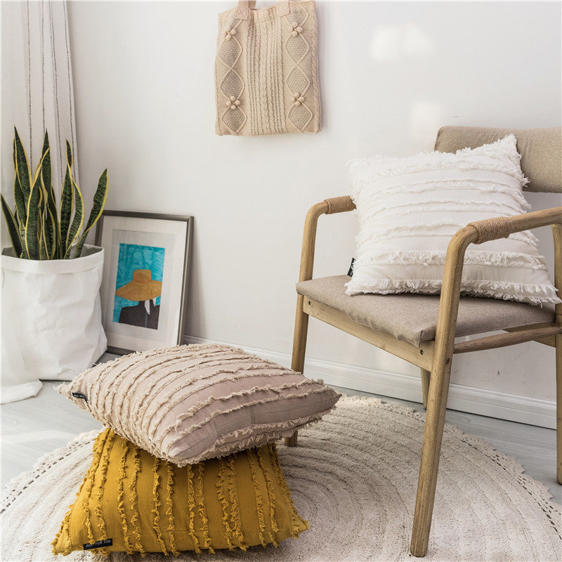 Stylish Rustic Vintage Solid Color Square Cushion Covers Ivory Gray Yellow Plain With Ragged Tassel Frayed Cushion Cases For Living Room Bedroom Decor 45x45cm