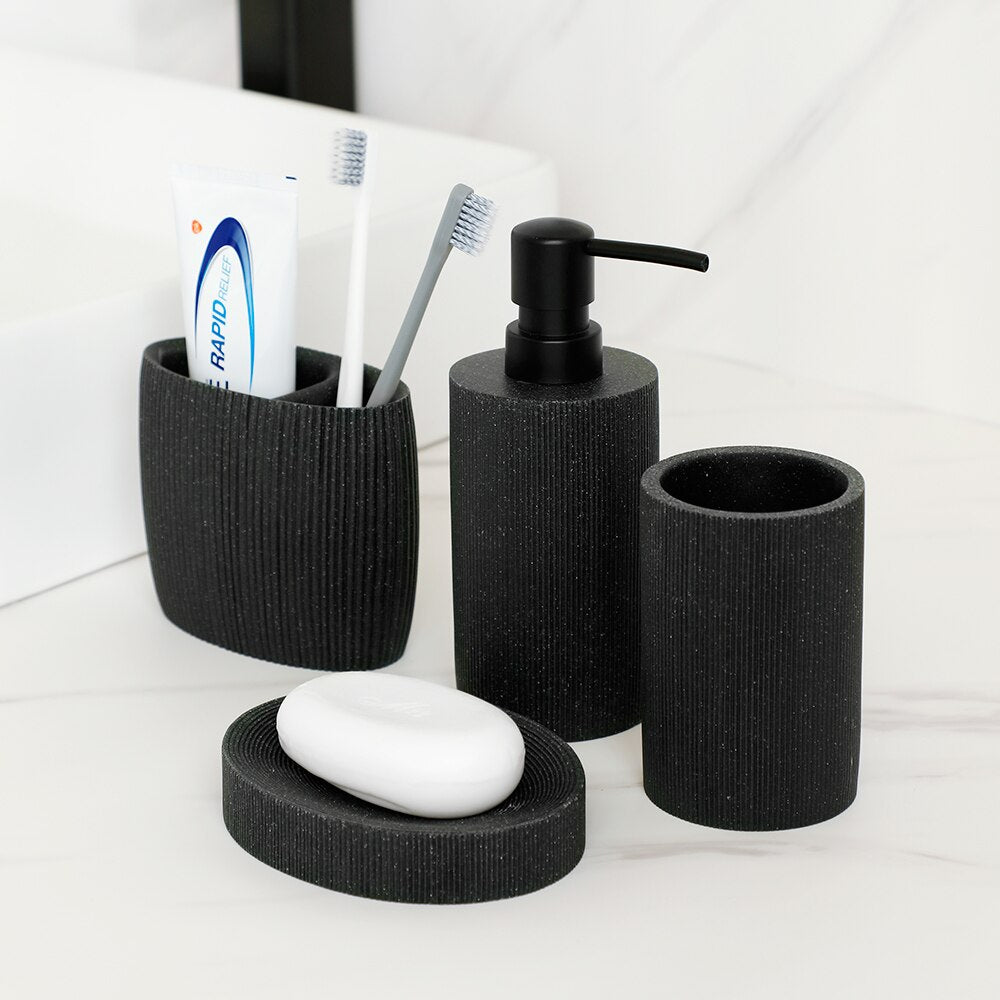 Volcanic Black Bathroom Accessories Soap Dish Toothbrush Holder Gargle Cup Liquid Soap Dispenser Toilet Brush Holder Modern Matching Bathroom Essentials