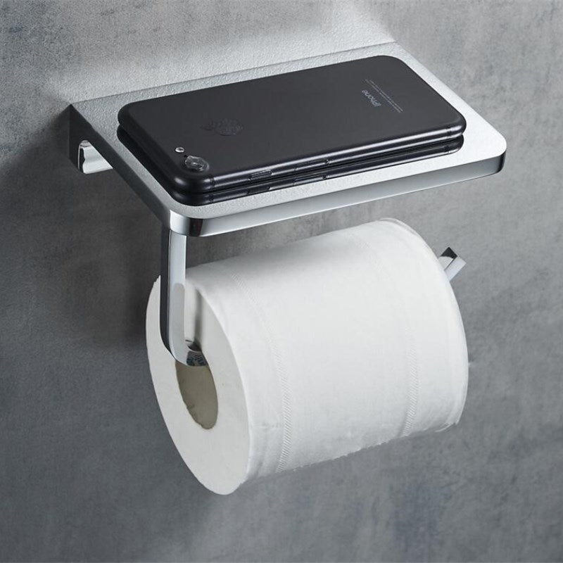 Wall Mounted Luxury Toilet Roll Holder With Handy Phone Shelf High Quality Glossy Silver Electroplated Brass Loo Roll Rack Double or Single With Phone Holder Shelf