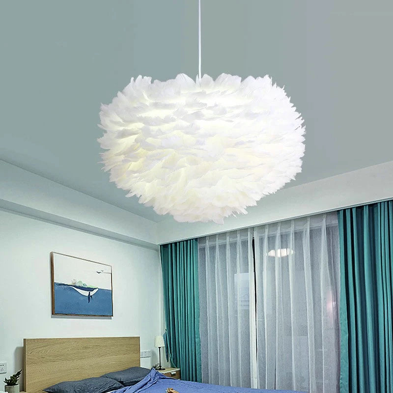 White Feather Lamp For Bedroom Stylish Modern Design Hanging LED Lamp For Kid's Bedroom Baby's Room Fluffy Pendant Light For Stylish Home Decoration