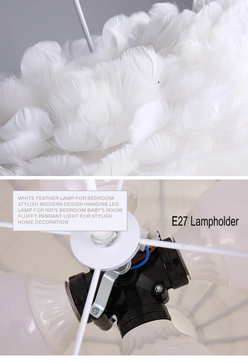 White Feather Lamp For Bedroom Stylish Modern Design Hanging LED Lamp For Kid's Bedroom Baby's Room Fluffy Pendant Light For Stylish Home Decoration