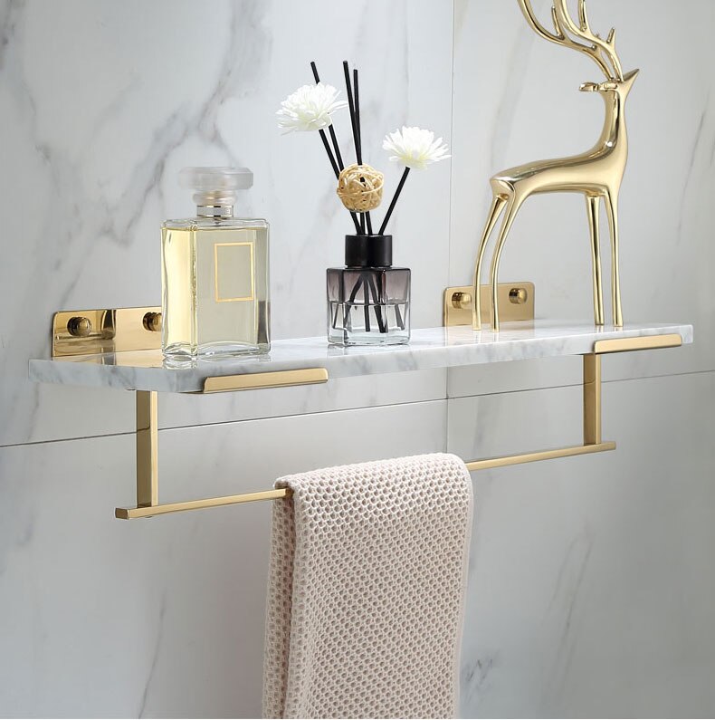 White Marble Bathroom Shelf For Cosmetics Gold Bath Shower Shelving Wall Mounted Elegant Marble Slab Modern Luxury Brass Fittings Bathroom Storage