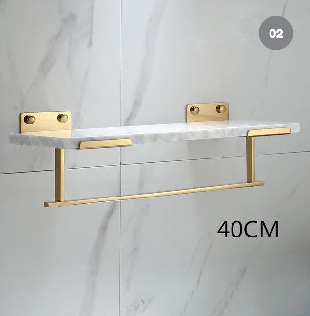 White Marble Bathroom Shelf For Cosmetics Gold Bath Shower Shelving Wall Mounted Elegant Marble Slab Modern Luxury Brass Fittings 07