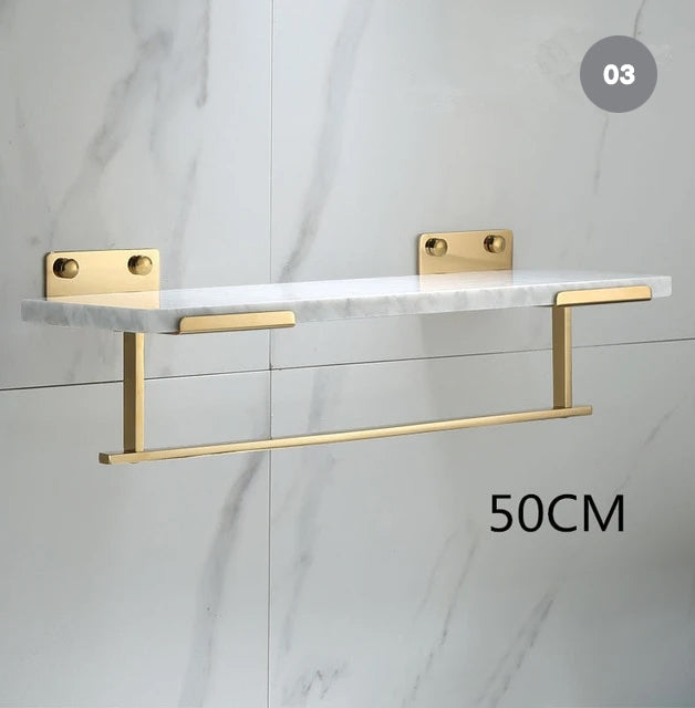 White Marble Bathroom Shelf For Cosmetics Gold Bath Shower Shelving Wall Mounted Elegant Marble Slab Modern Luxury Brass Fittings Bathroom Storage