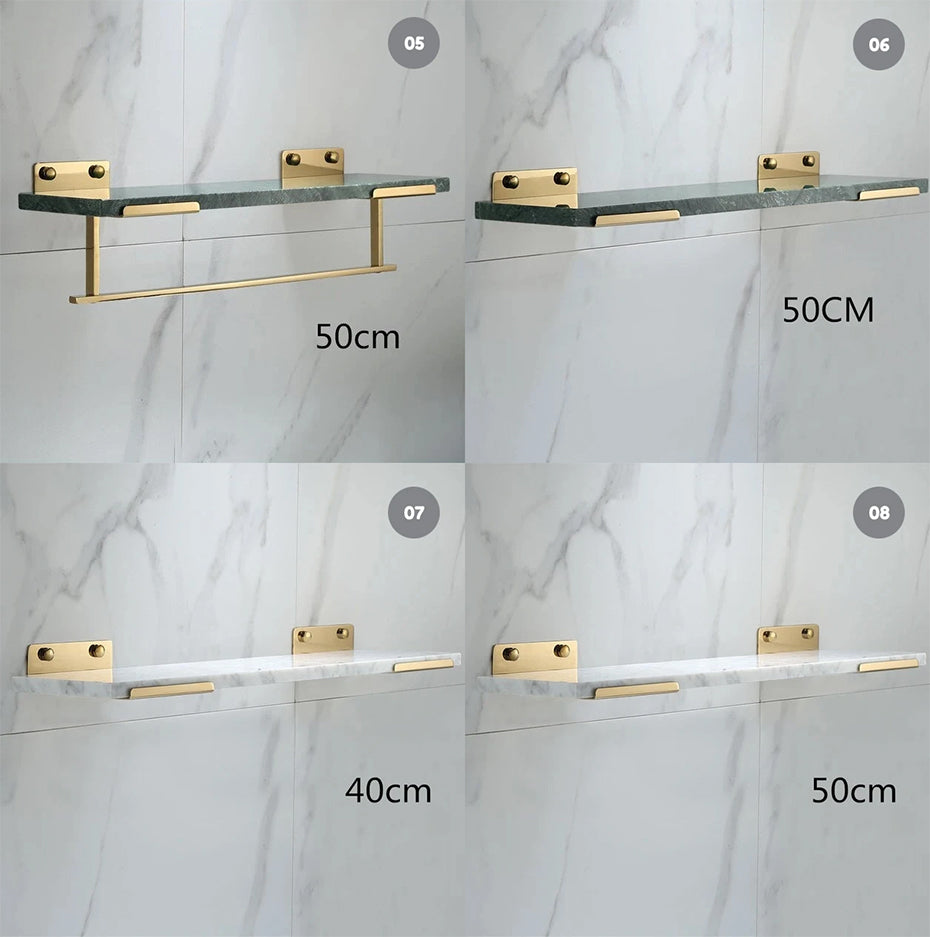 White Marble Bathroom Shelf For Cosmetics Gold Bath Shower Shelving Wall Mounted Elegant Marble Slab Modern Luxury Brass Fittings Bathroom Storage
