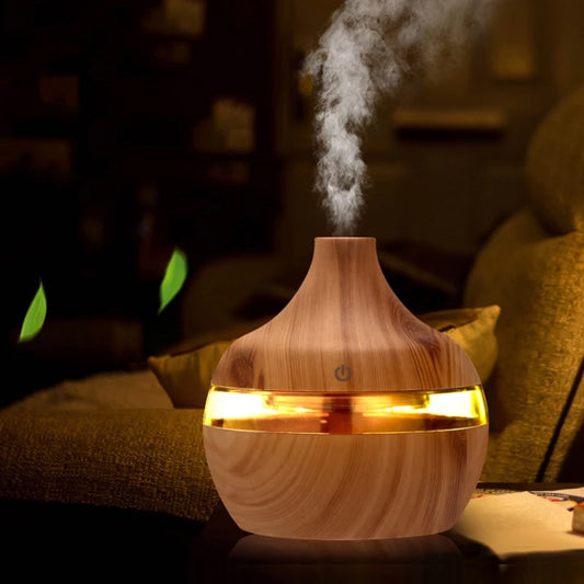 Aromatherapy Essential Oil USB Electric Oil Diffuser Ultrasonic Air Humidifier Wood Grain Mini Mist Maker Bedside LED Light