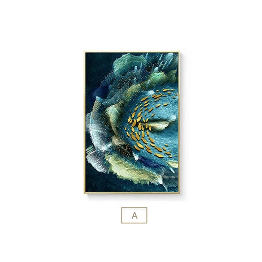 Auspicious Abstract Wall Art Golden Fish Deep Blue Green Sea Fine Art Canvas Prints Luxury Wall Art Pictures for Home Office Decor