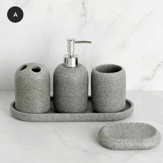 Contemporary Design Bathroom Accessories Liquid Soap Dispenser Toothbrush Holder Hand SoapTray Tumbler Luxury Washroom Set in Granite Gray and Yellow Sand