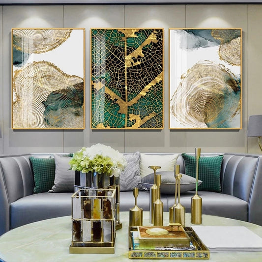 Gold Leaf Woodcut Abstract Wall Art Painting Gold Brown Green Fine Art Canvas Prints Contemporary Pictures For Modern Home Office Interiors