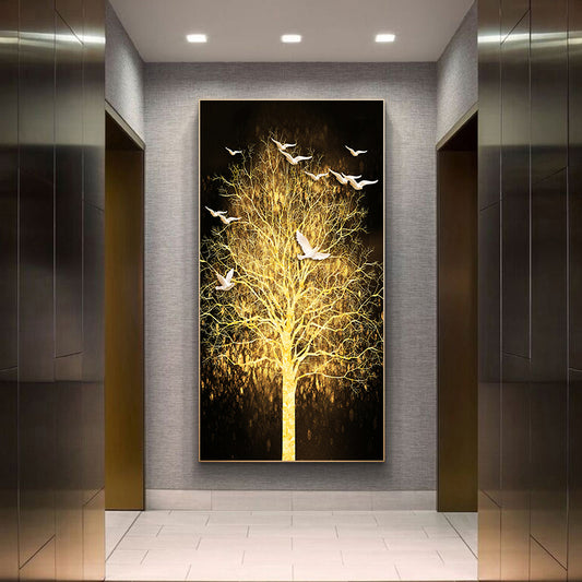 Golden Tree Birds In The Moonlight Auspicious Wall Art Fine Art Canvas Prints Vertical Format Pictures For Hallway Living Room Dining Room Home Office Decor