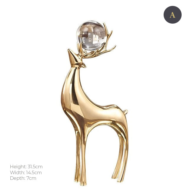 Auspicious Golden Deer Statuette Crystal Ball Embellished Copper Casting Metal Crafts Ornamental Figurines For Luxury Living Room Home Decor