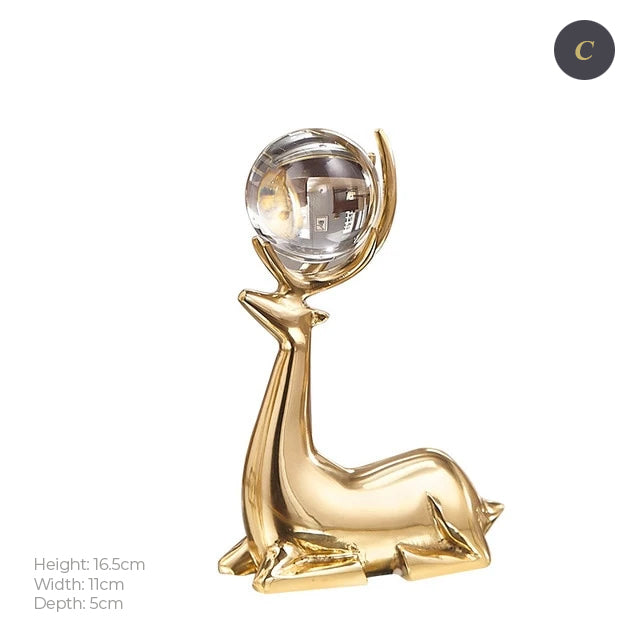 Auspicious Golden Deer Statuette Crystal Ball Embellished Copper Casting Metal Crafts Ornamental Figurines For Luxury Living Room Home Decor