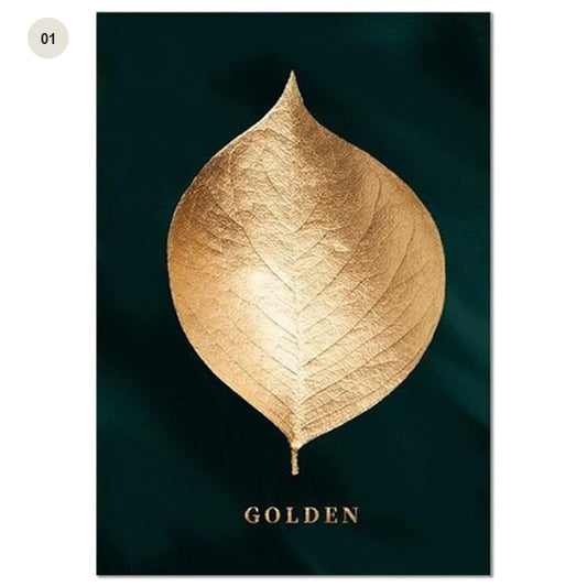 Golden Leaves Wall Art Minimalist Abstract Botanical Fine Art Canvas Prints Modern Pictures For Living Room Dining Room Hotel Home Office Interior Decor