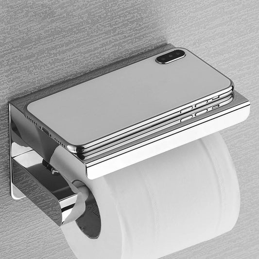 High Gloss Stainless Steel Toilet Roll Holder With Handy Phone Shelf Luxury Premium Accessories And Fittings Modern Washroom Bathroom Silver Loo Roll Holder