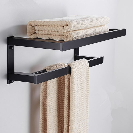 Matt Black Bathroom Towel Rack Wall Mounted Shelf With Twin Tier Towel Rails Modern Angular Design Polished Aluminum Finish Premium Bathroom Hardware