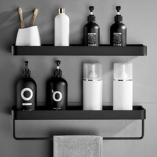 Matt Black Space Aluminum Storage Rack Bathroom Shelf For Cosmetics With Optional Towel Rail And Hooks Electroplated Alloy Shelves For Modern Bathroom Washroom Fittings