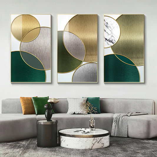 Modern Aesthetics Abstract Interlocking Circles Wall Art Fine Art Canvas Prints Golden Green Gray Symmetrical Design Pictures For Home Office Interior Decor