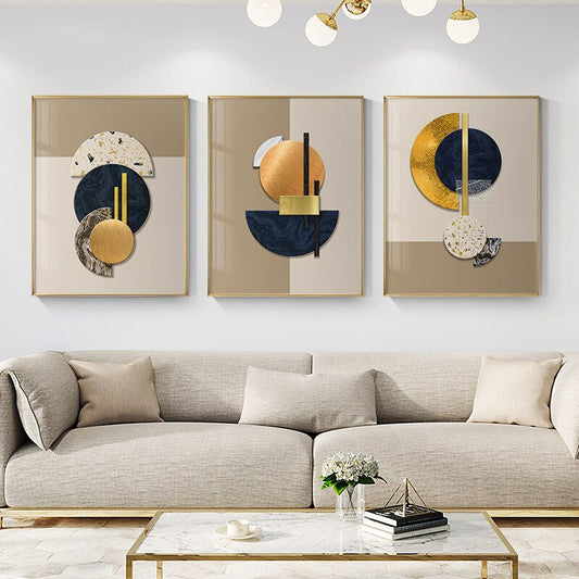 Modern Abstract Minimalist Geometric Wall Art Fine Art Canvas Prints Golden Black Beige Neutral Colors Pictures For Luxury Living Room Home Office Decor