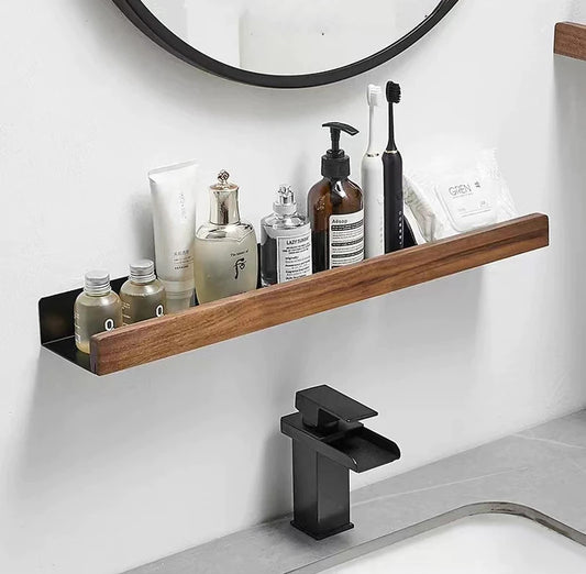 Modern Bathroom Shelf Solid Wood & Aluminium Racking For Cosmetics Shampoo Storage Washroom Kitchen All Purpose Wood Metal Shelving