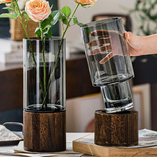 Elegant Nordic Hydroponic Plant Glass Vase with Durable Wood Base - Perfect for Home and Office Decor