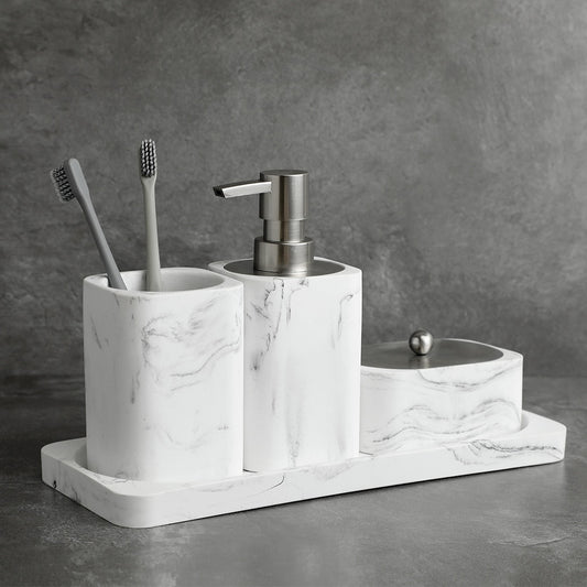 Modern White Faux Marble Bathroom Accessories Sets Liquid Soap Dispenser Mouthwash Tumbler Toothbrush Holder Box For Cotton Swabs