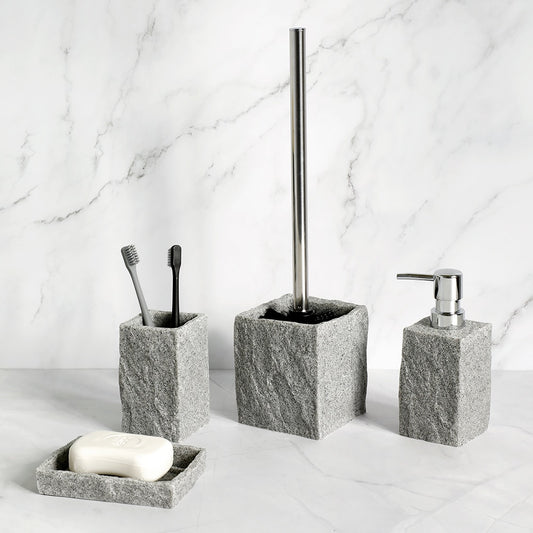 Modern Gray Resin Granite Block Bathroom Accessories Toothbrush Holder Liquid Soap Dispenser Toilet Brush Holder For Washroom Bathroom Accessory Sets